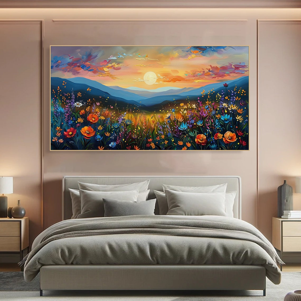 Wildflower Sunset Meadow Blue Mountains Golden Sun Landscape Poster - Image 2