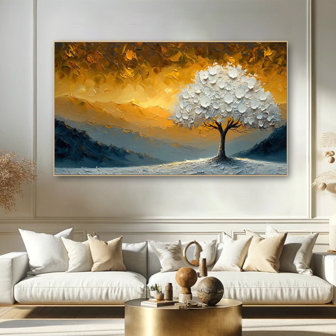 White Blossom Tree Golden Sunset Mountains Textured Art Poster - Image 4