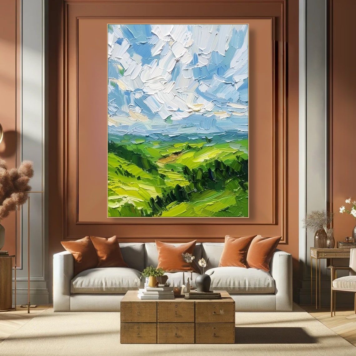 Rolling Green Hills Bright Textured Sky Sunny Impasto Landscape Poster - Image 3