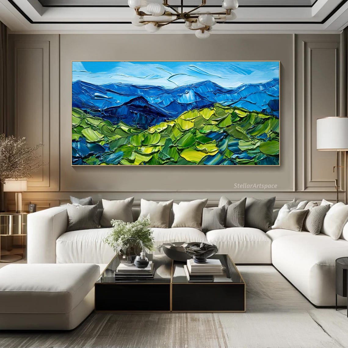 Blue Green Mountain Peaks Palette Knife Textured Landscape Poster - Image 2