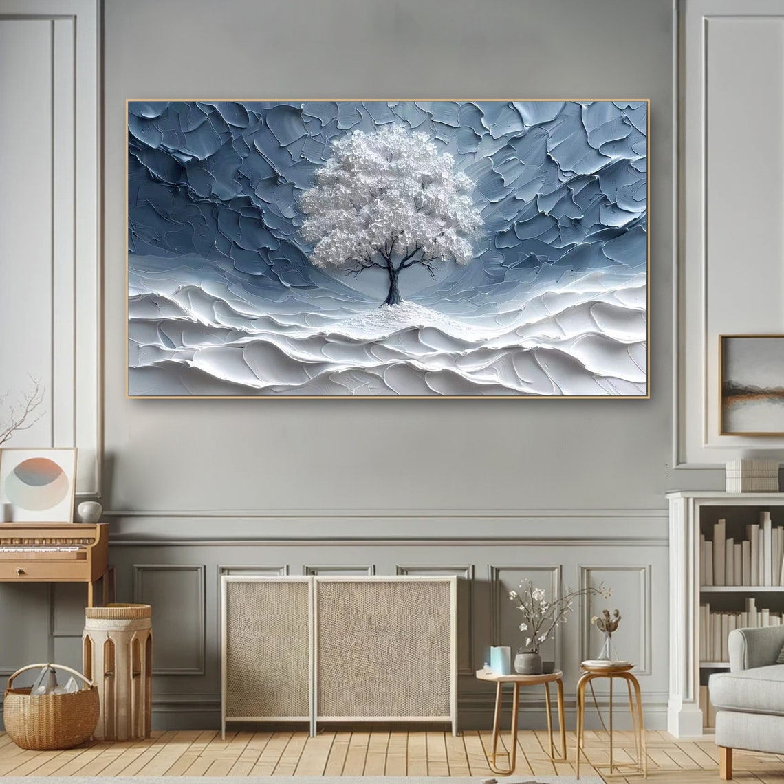 Mystical White Blossom Tree Silver Blue Textured Abstract Poster - Image 2
