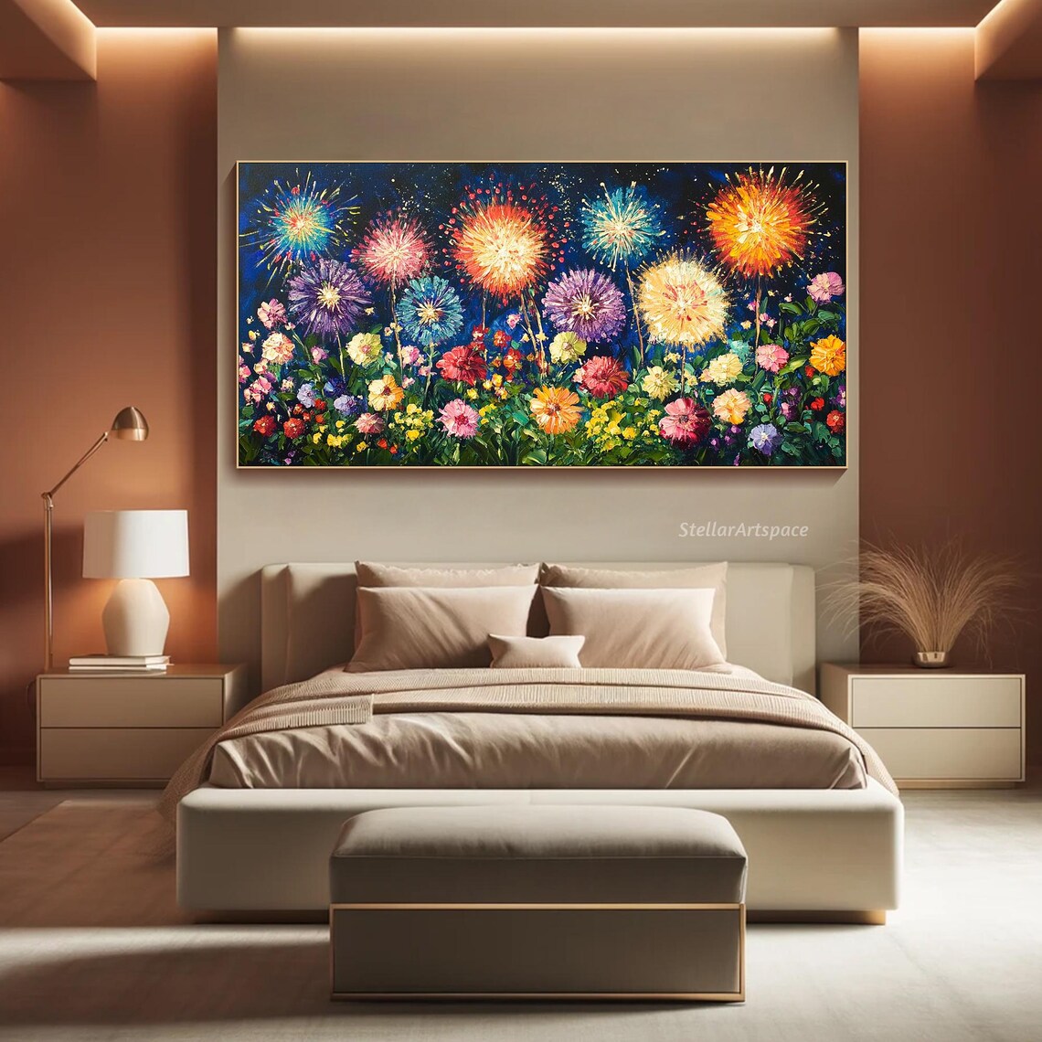 Fireworks Over Colorful Flower Field Night Sky Celebration Poster - Image 3