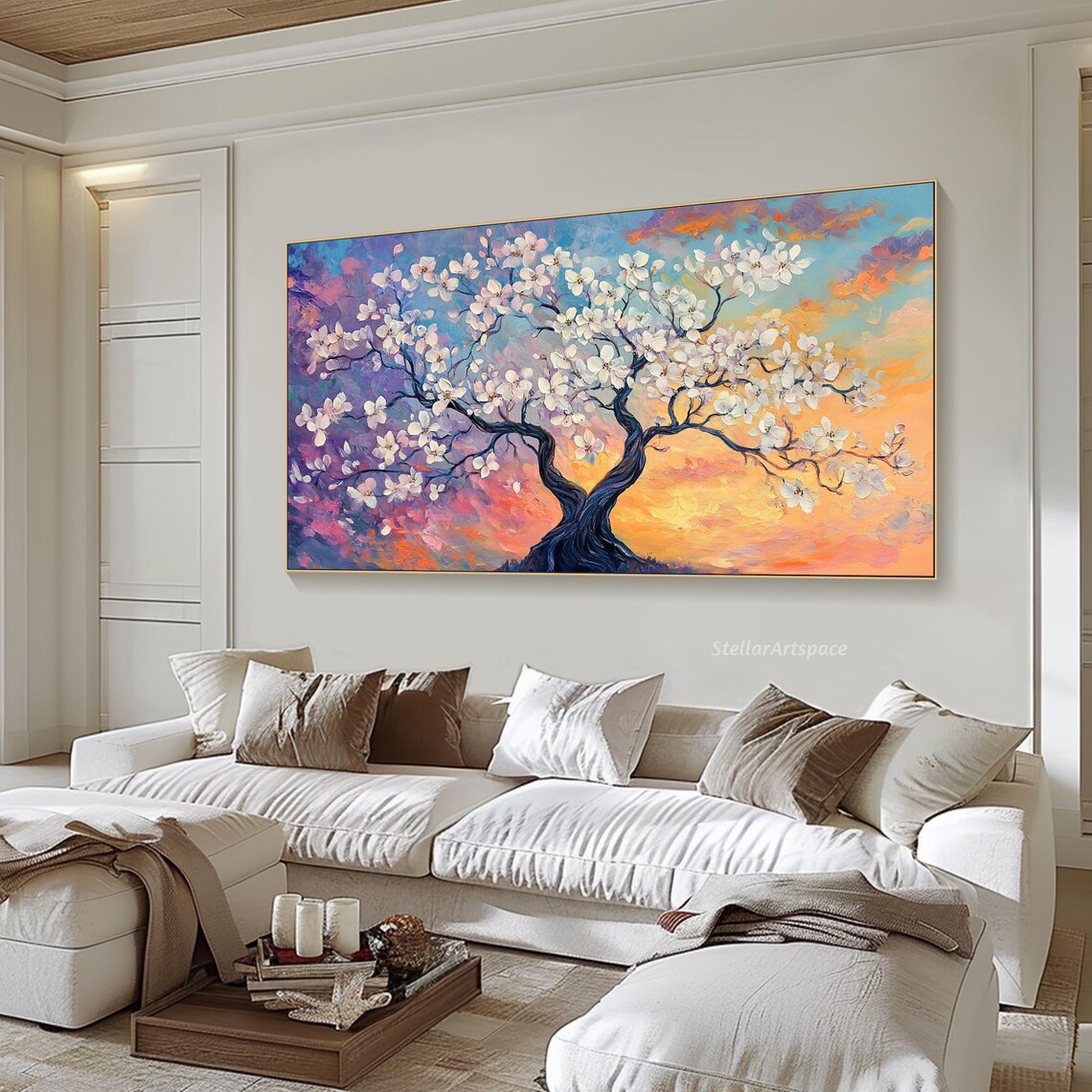 White Blossom Tree Sunset Sky Purple Orange Floral Painting Art Poster - Image 6