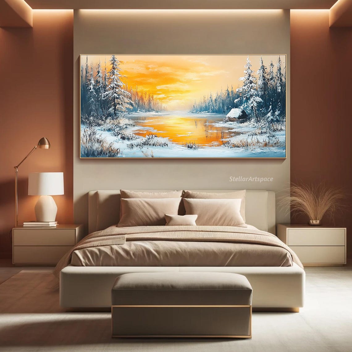 Winter Cabin Frozen Lake Sunset Snowy Pines Cozy Landscape Art Poster - Image 4