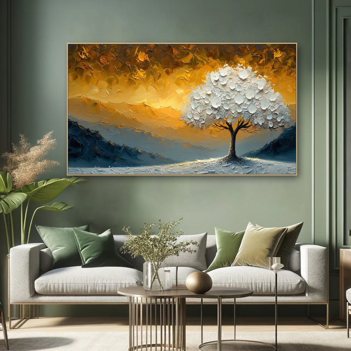 White Blossom Tree Golden Sunset Mountains Textured Art Poster - Image 2