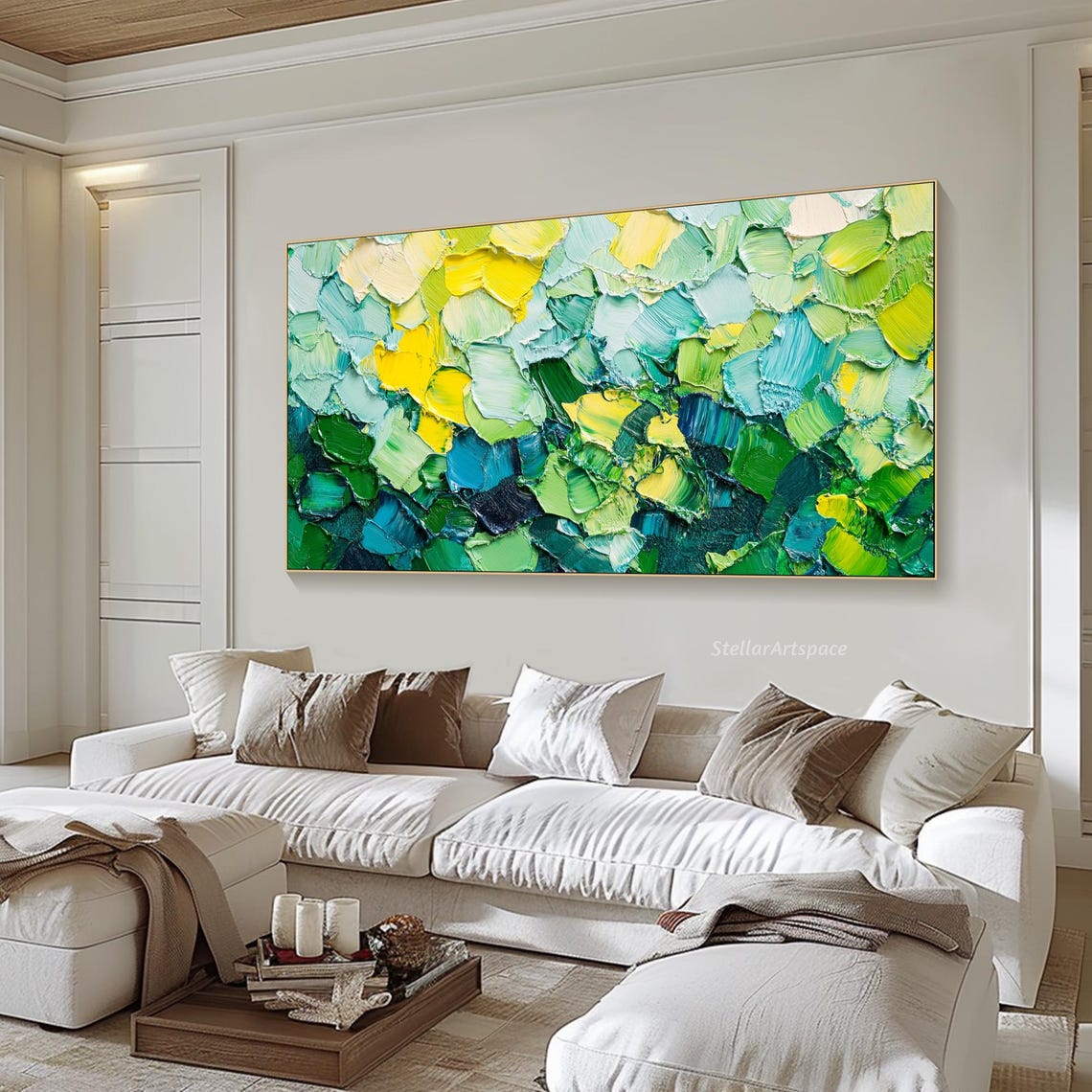 Green Yellow Blue Abstract Textured Impasto Palette Knife Wall Art - Image 2