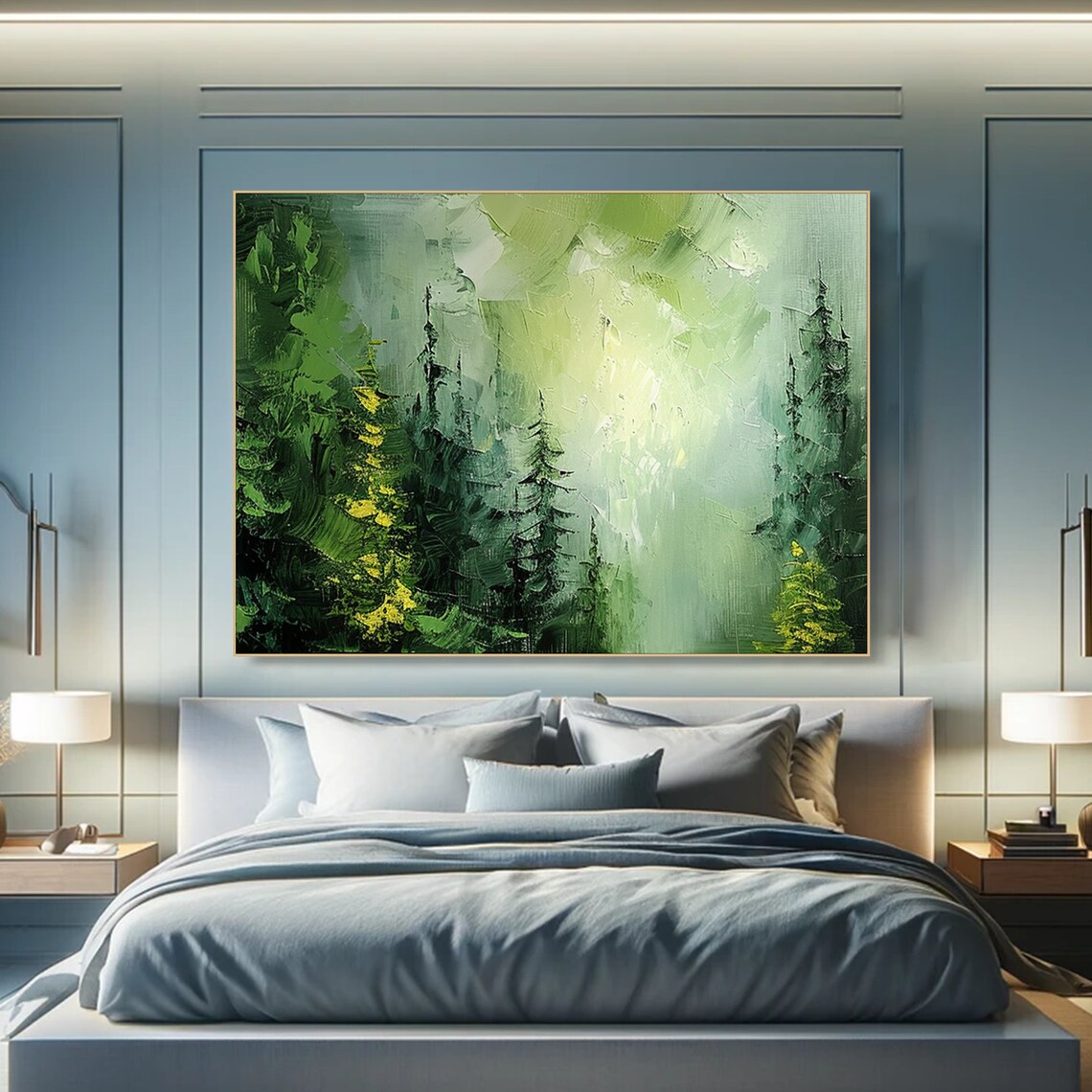 Misty Green Pine Forest Sunlight Textured Impasto Oil Art Print - Image 5