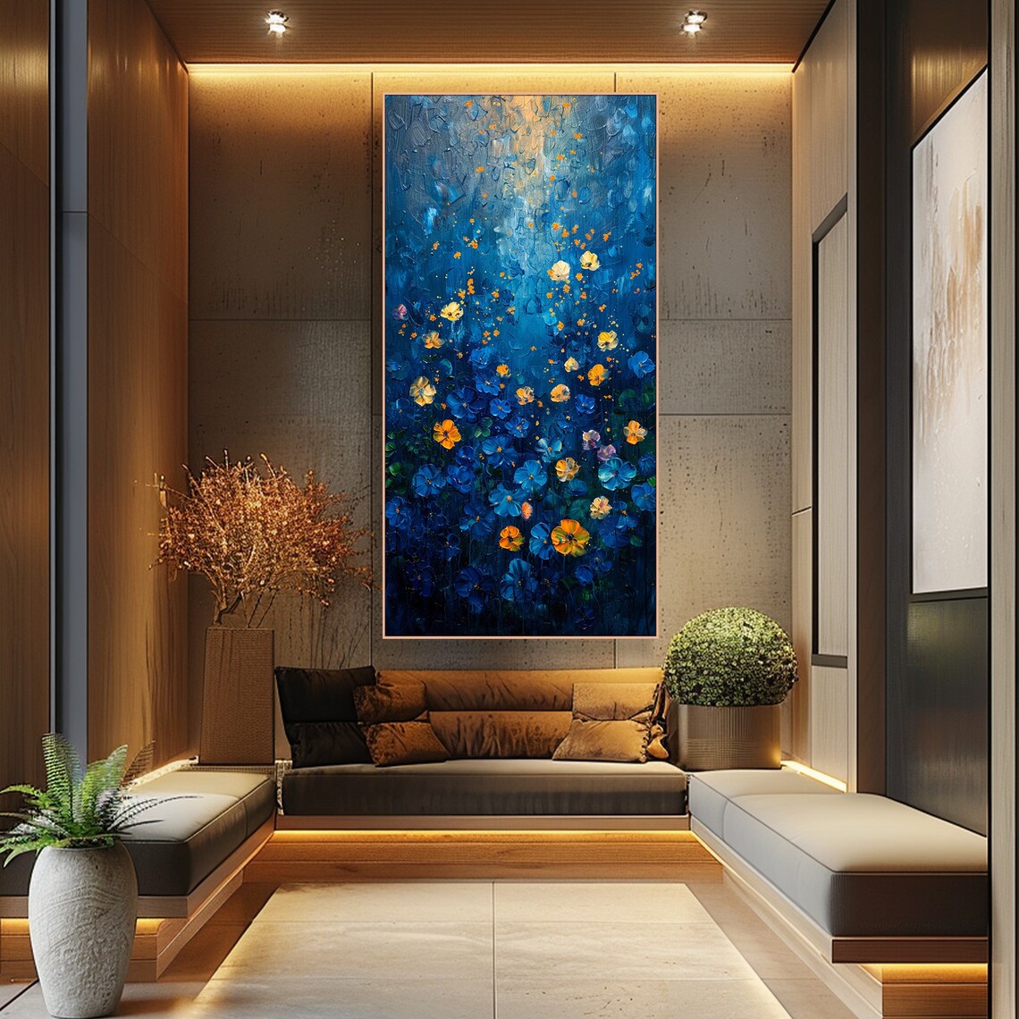Midnight Garden Blue Flowers Gold Sparkles Vertical Floral Art Poster - Image 3