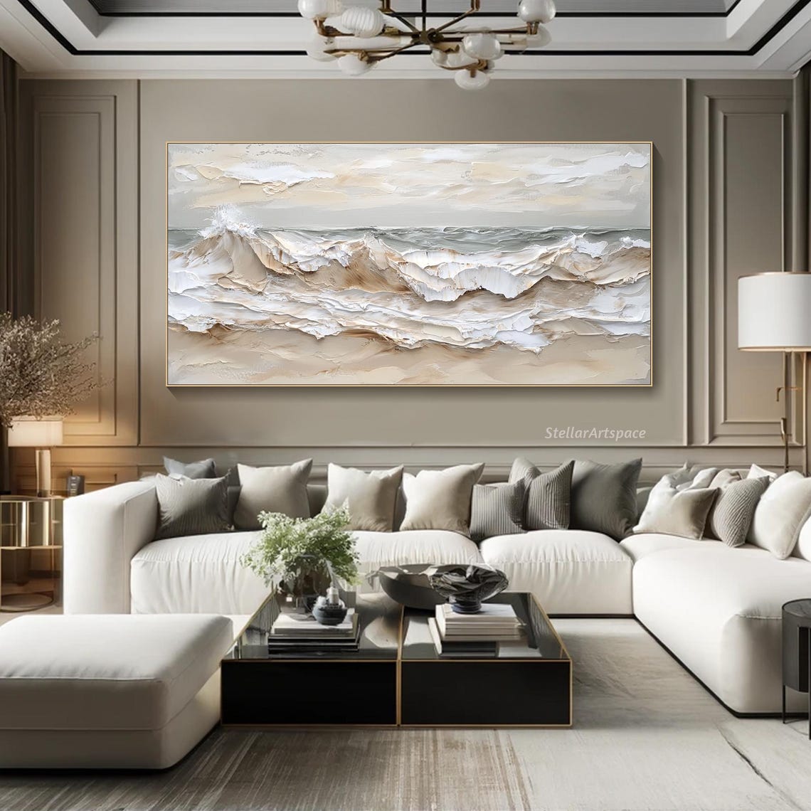 Neutral Ocean Waves Beige White Minimalist Coastal Impasto Art Poster - Image 6