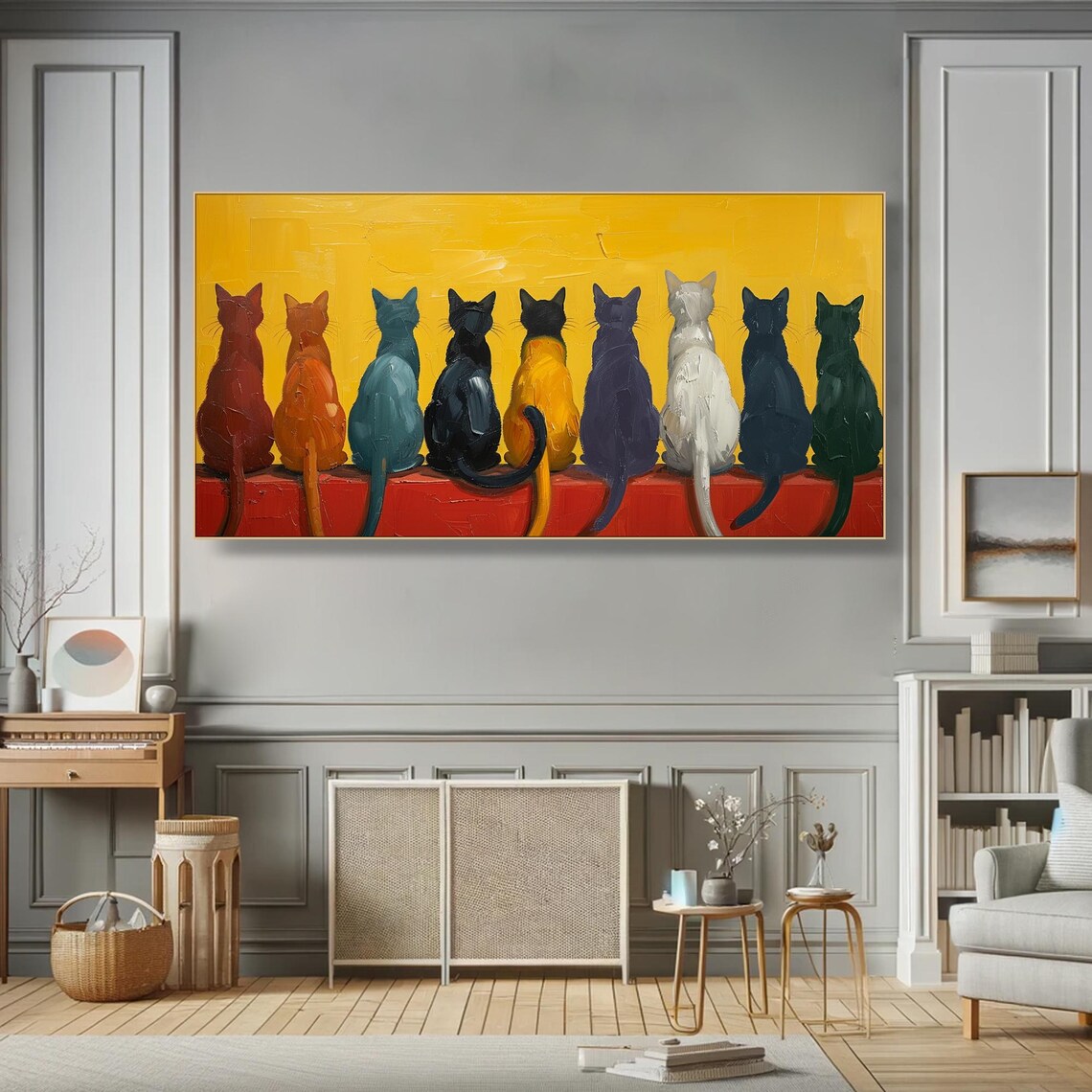 Nine Cats Sitting Row Bold Yellow Whimsical Colorful Cat Oil Poster - Image 5