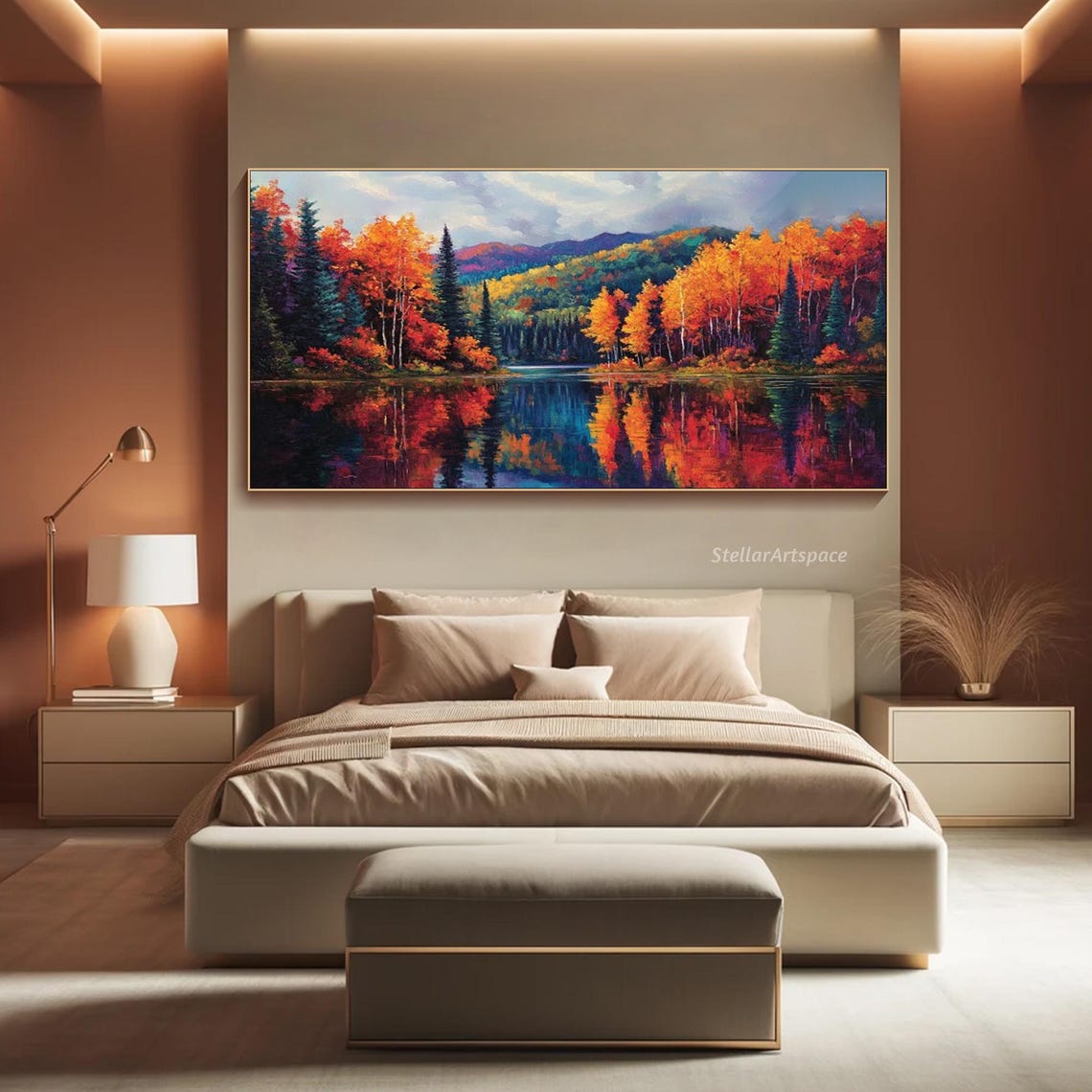 Autumn Forest Lake Mirror Reflection Fiery Orange Trees Art Poster - Image 2