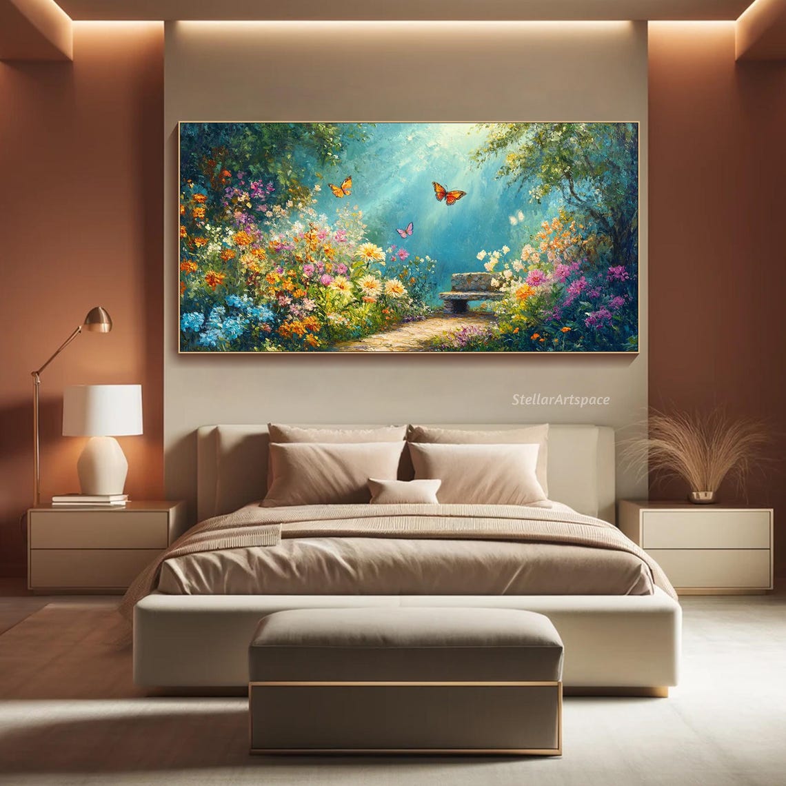 Butterfly Garden Colorful Blossoms Bench Sunny Path Painting Poster - Image 4