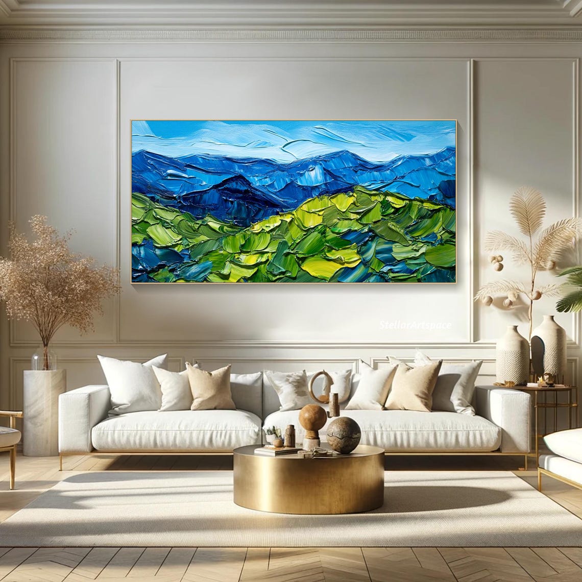 Blue Green Mountain Peaks Palette Knife Textured Landscape Poster - Image 5