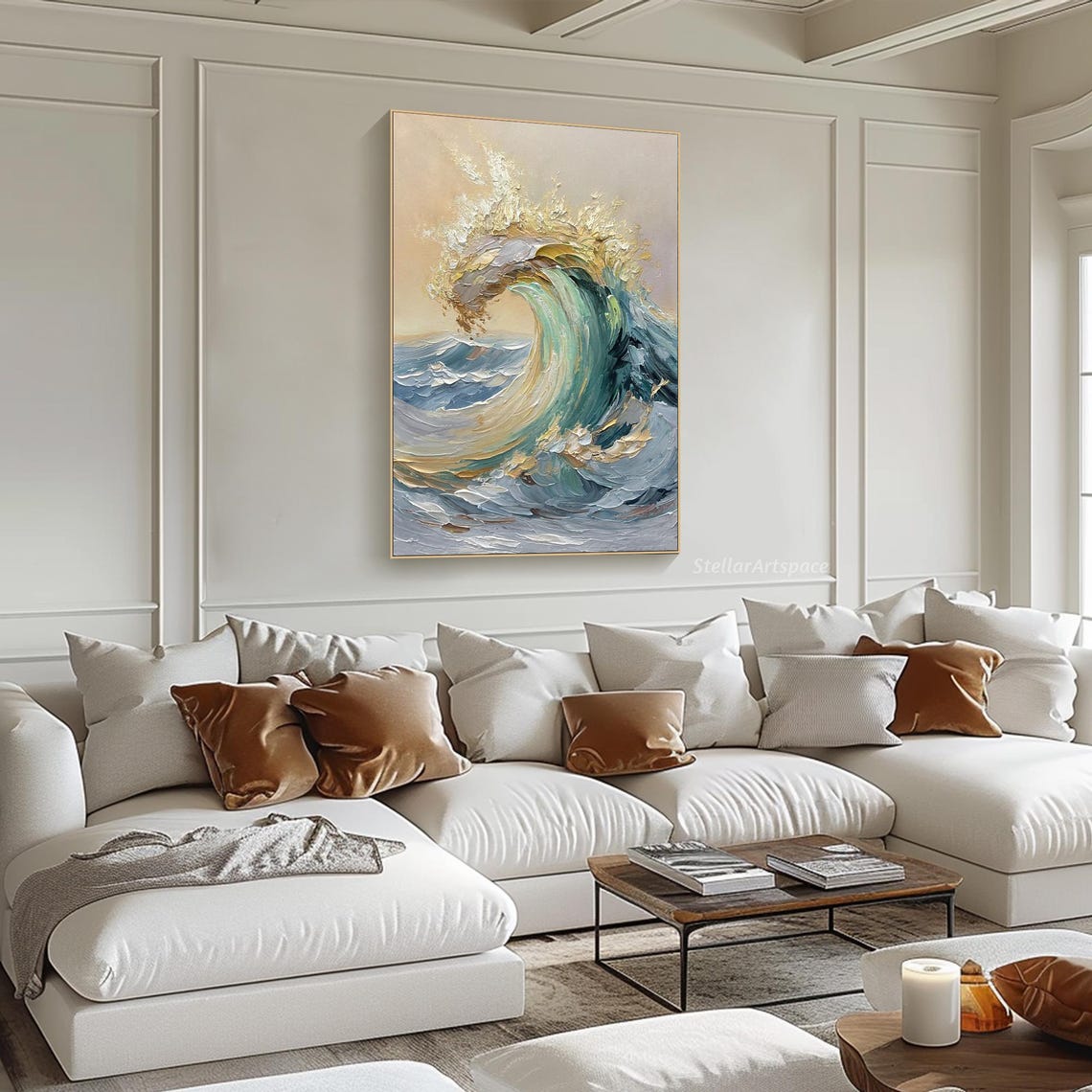 Ocean Wave Curl Blue Sea Gold Spray Textured Impasto Art Poster - Image 5