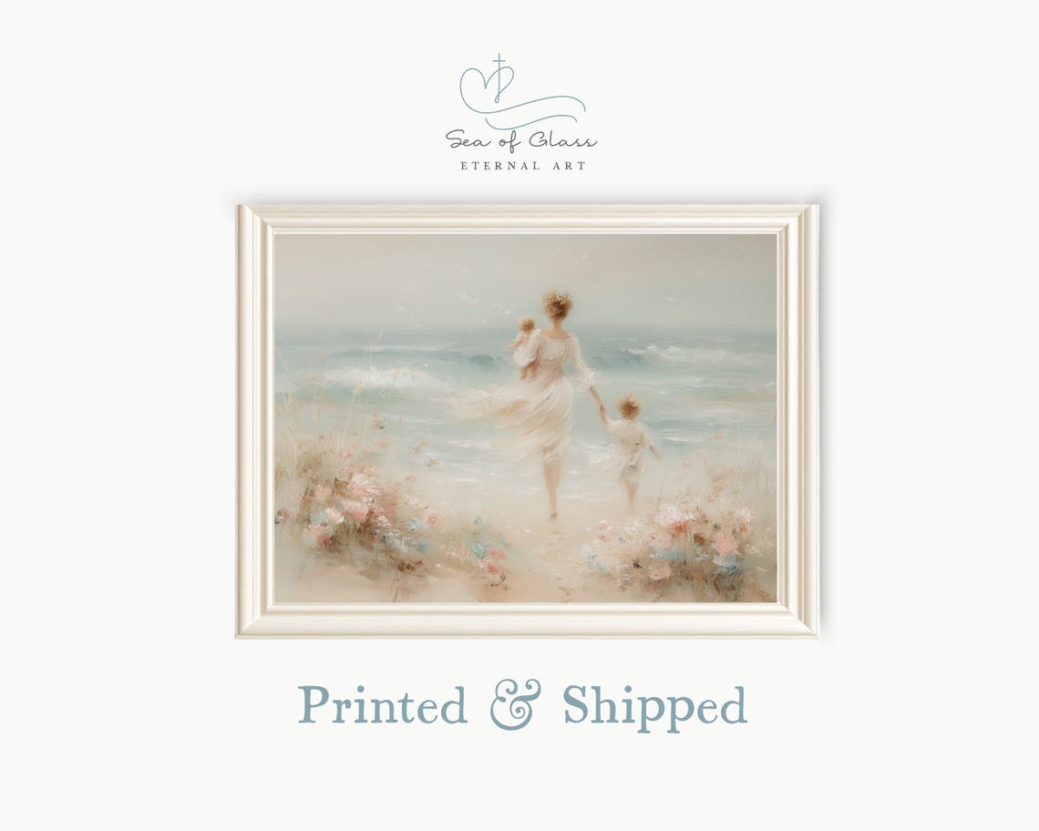 Mother and Children Beach Day Dreamy Soft Coastal Family Art Poster