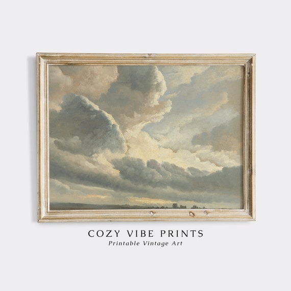 Vintage Muted Cloud Oil Painting Landscape Wall Art French Country Farmhouse Print Antique Dramatic Sky Decor
