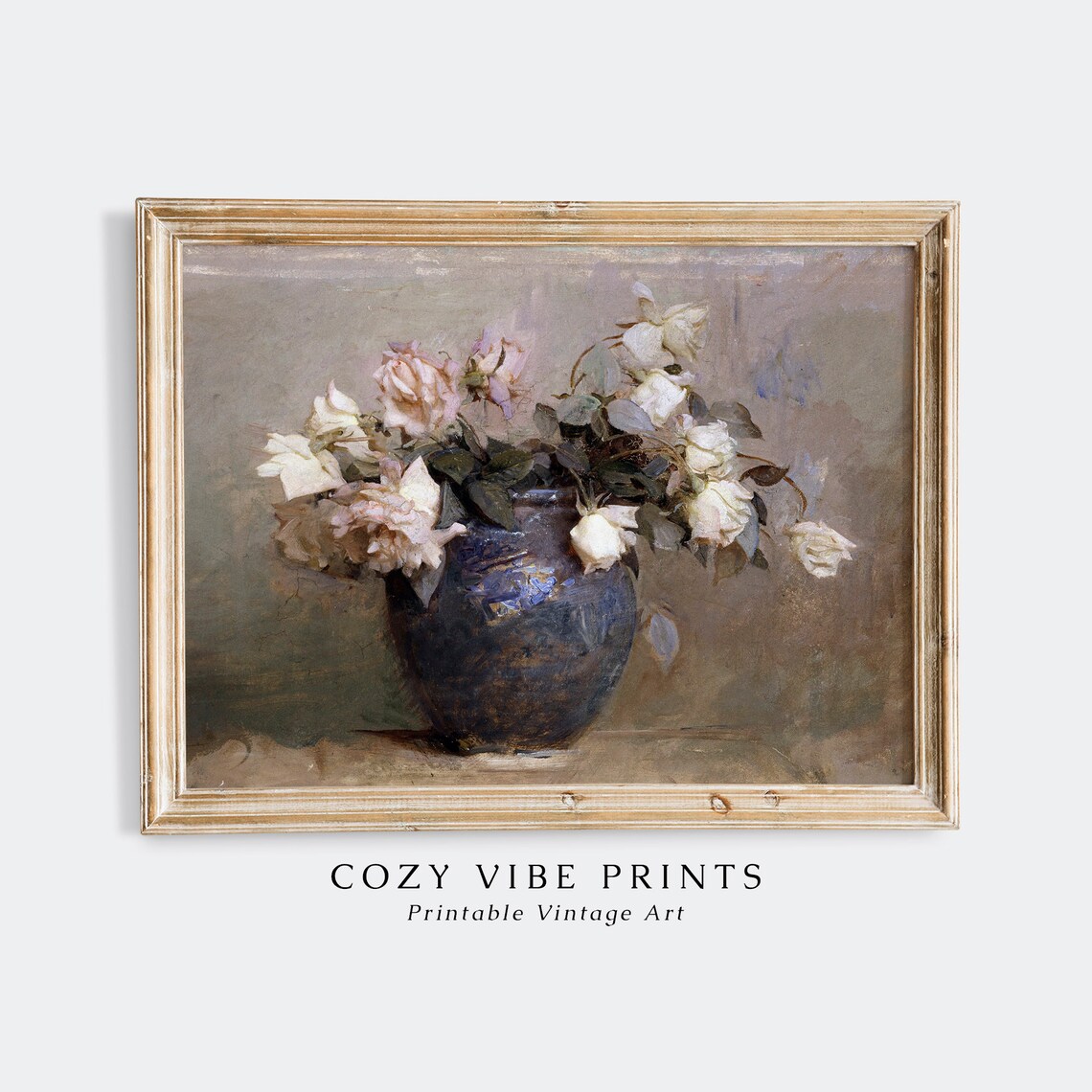 White Roses in Blue Vase Vintage Floral Still Life Painting Poster