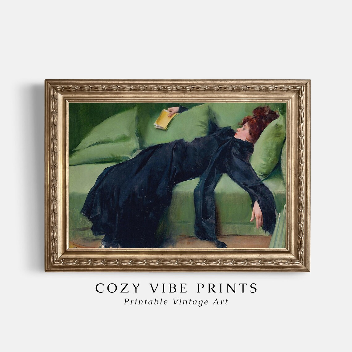 Vintage Woman In Black Gown Reclining On Green Chaise Oil Poster - Image 2