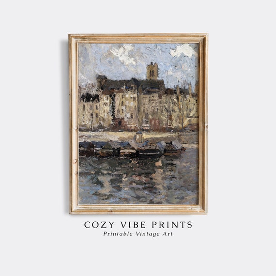 French Architecture Oil Painting Vintage Wall Art Moody Muted Tones Rustic Print Cozy Housewarming Decor Gift