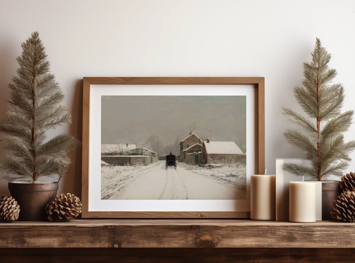 Vintage Horse Drawn Carriage On Snowy Village Street Winter Poster - Image 3