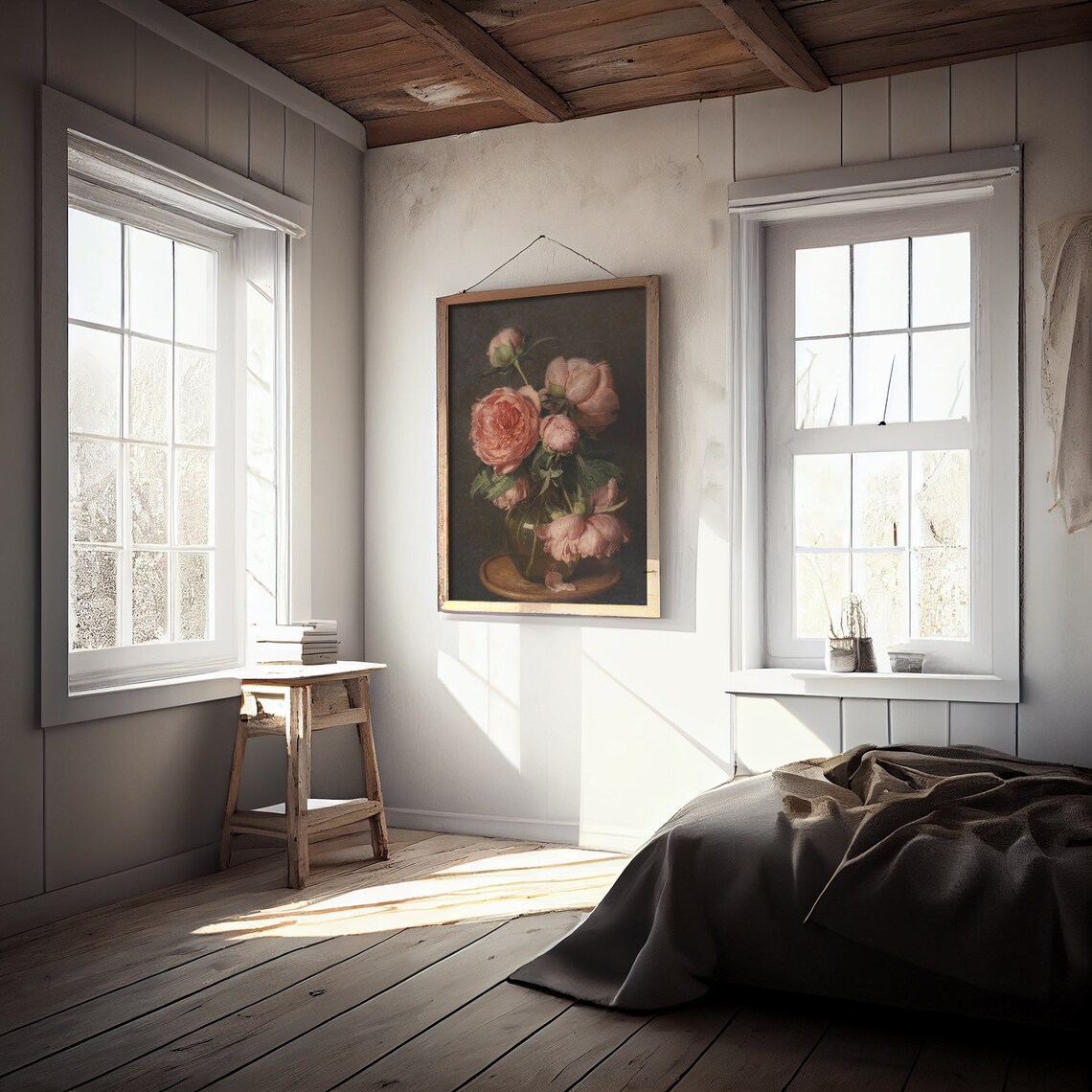 Pink Peonies in Vase Dark Academia Vintage Floral Painting Poster - Image 3
