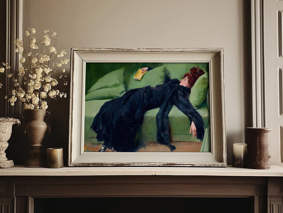 Vintage Woman In Black Gown Reclining On Green Chaise Oil Poster - Image 4