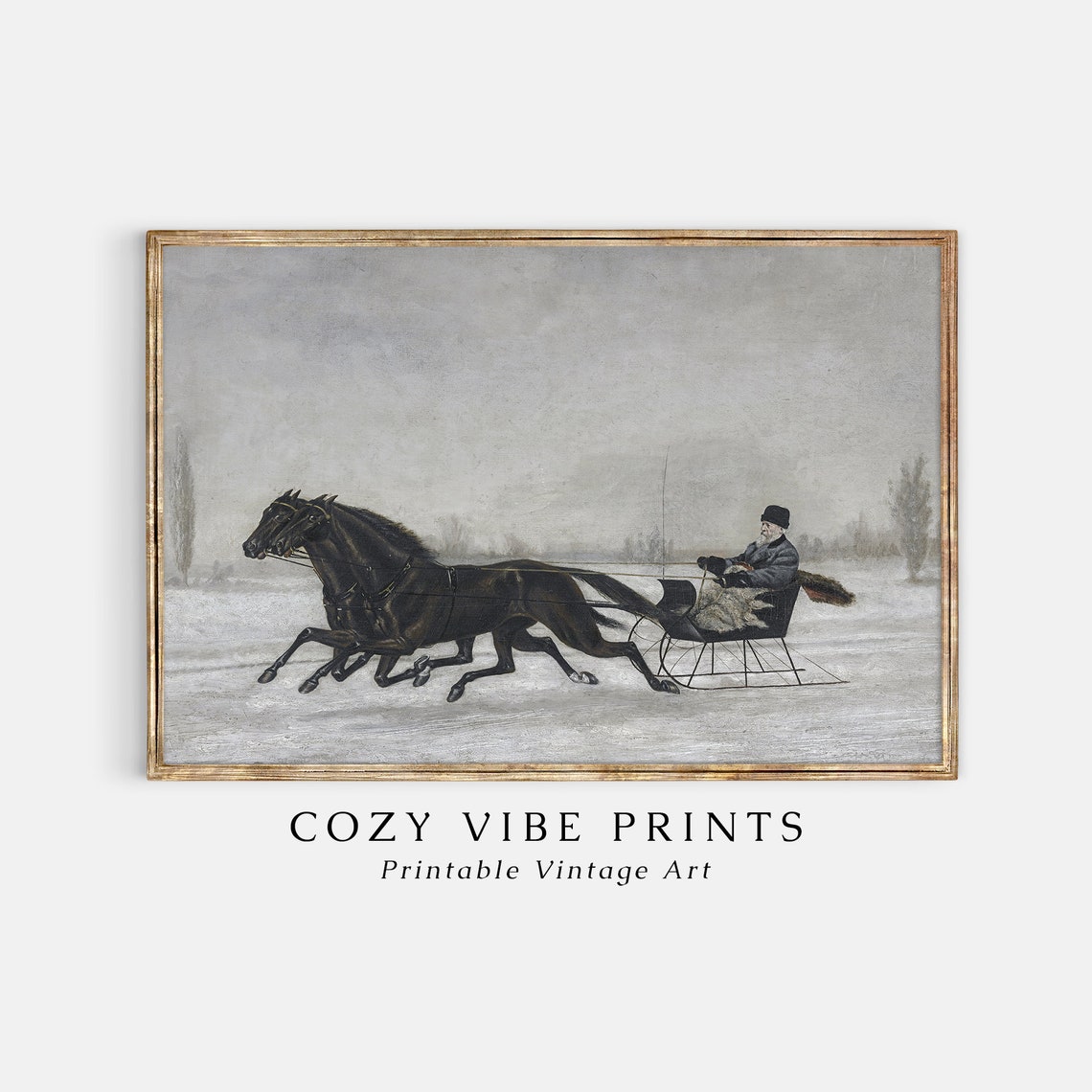 Vintage Two Horse Sleigh Ride Winter Snow Galloping Scene Poster - Image 2