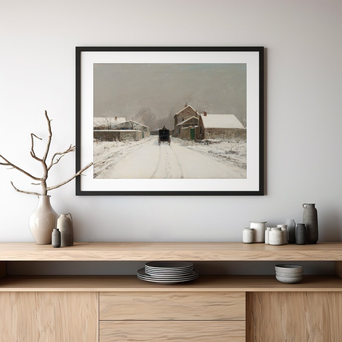 Vintage Horse Drawn Carriage On Snowy Village Street Winter Poster - Image 4