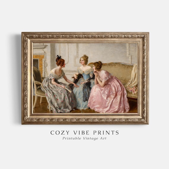 Three Victorian Women in Gowns Antique Parlor Portrait Painting Poster