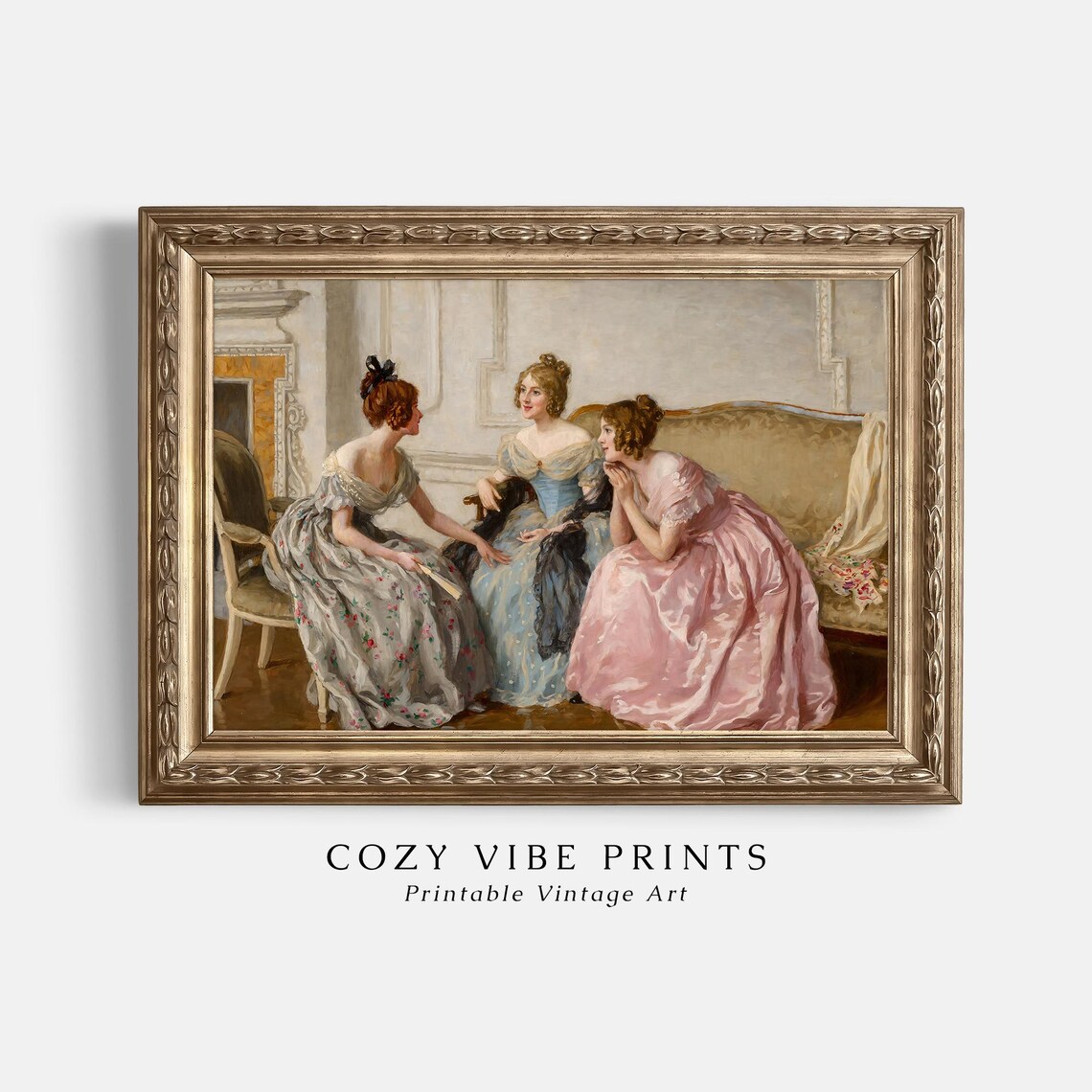 Three Victorian Women in Gowns Antique Parlor Portrait Painting Poster