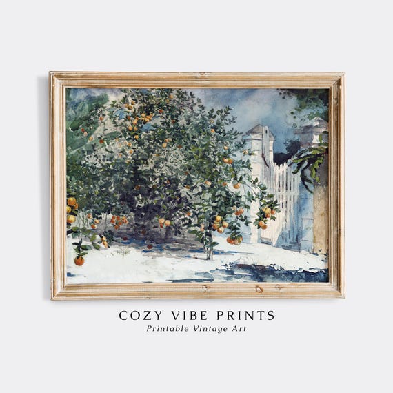 Orange Trees Watercolor Painting Vintage Wall Art Mediterranean Fruit Garden Print Spanish Kitchen Decor