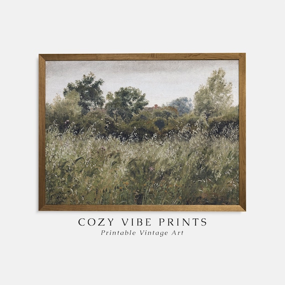Meadow Landscape Painting, Vintage Farmhouse Art Print