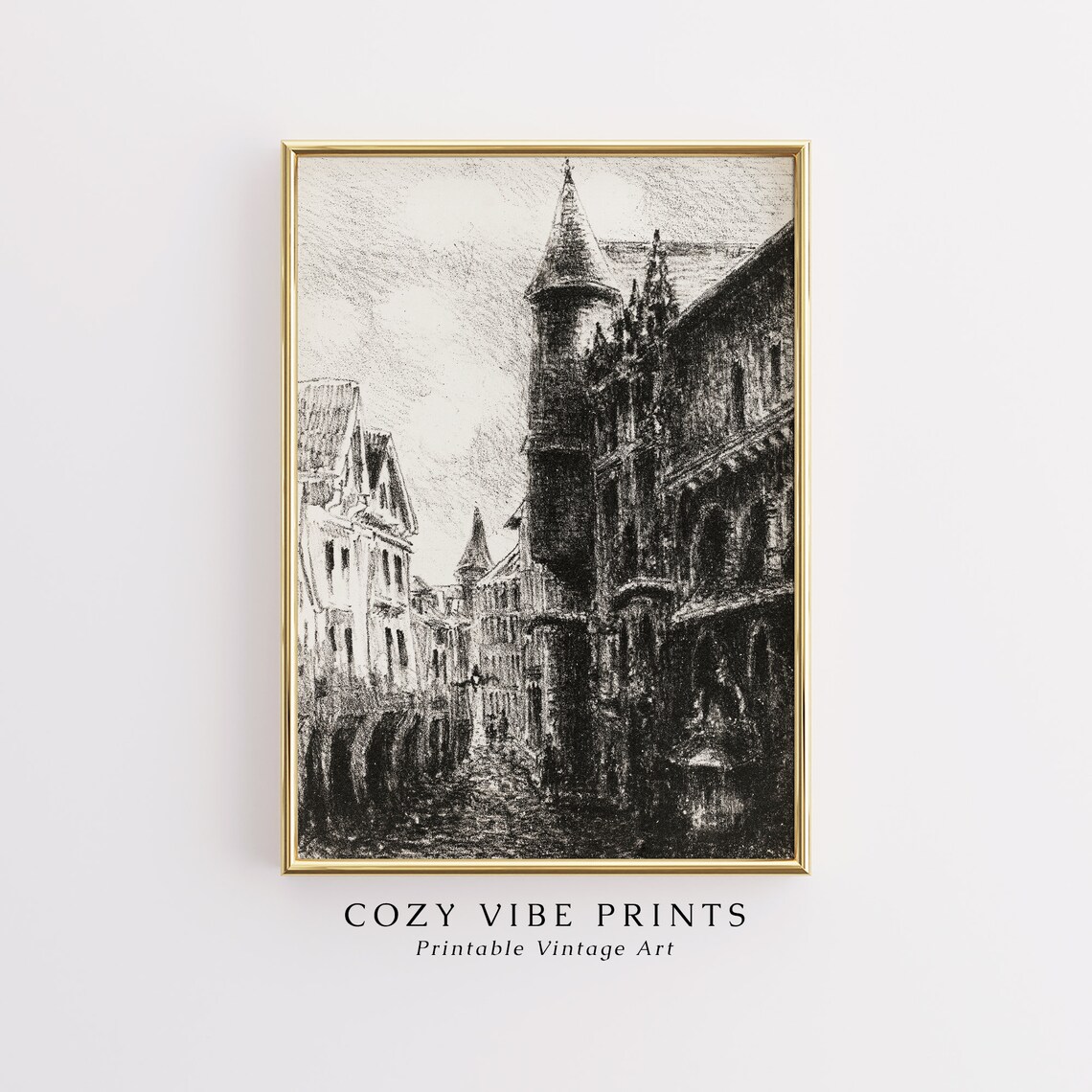 Old European Town Street Sketch Charcoal Drawing Vintage Poster
