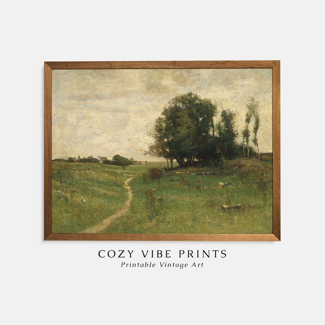 Green Field Country Path Village Vintage Pastoral Landscape Poster