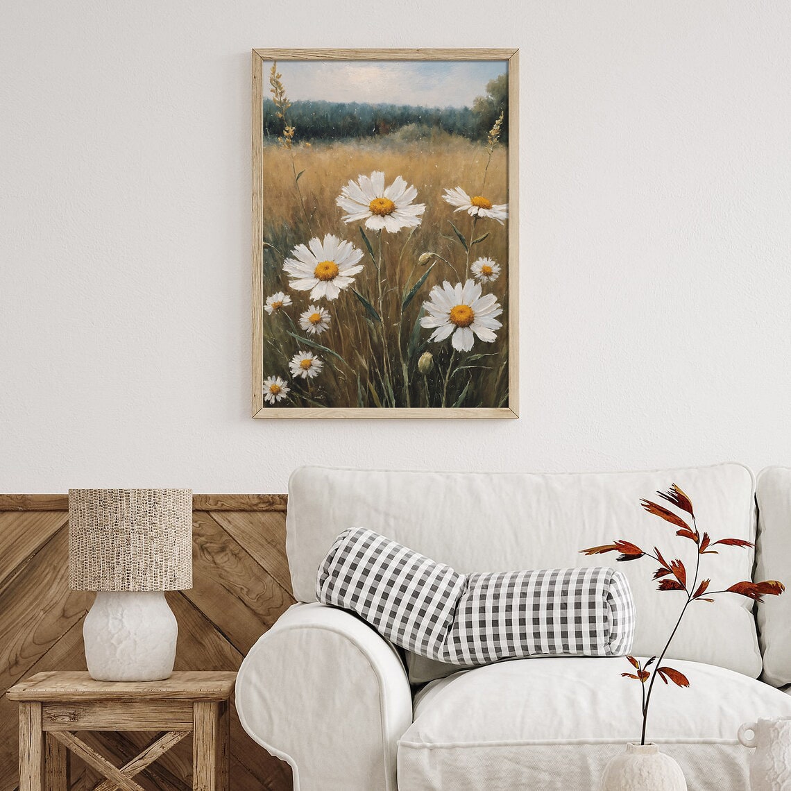 White Daisies in Golden Wheat Field Vintage Floral Landscape Poster - Image 4