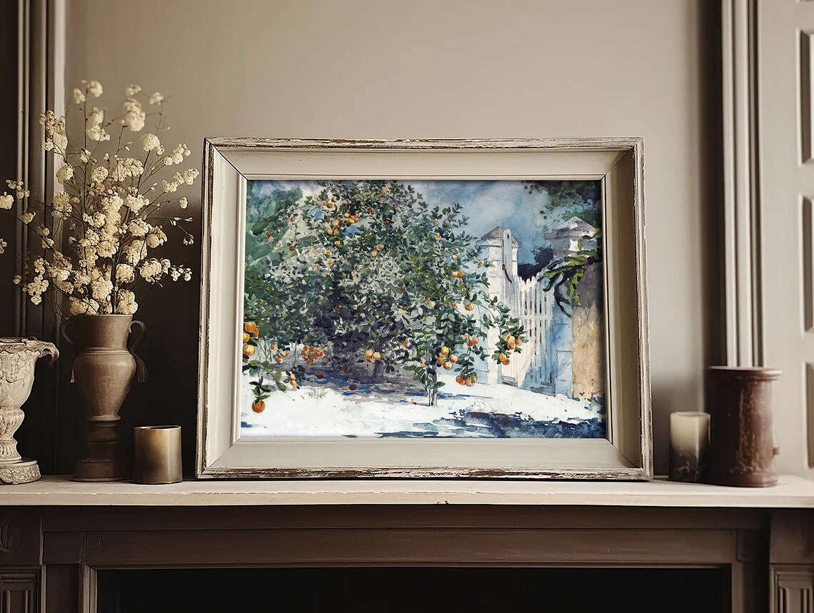 Orange Trees Watercolor Painting Mediterranean Villa Garden Poster - Image 3