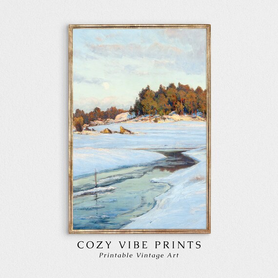 Vintage Frozen Winter Stream With Open Water Moonlit Snow Scene Poster