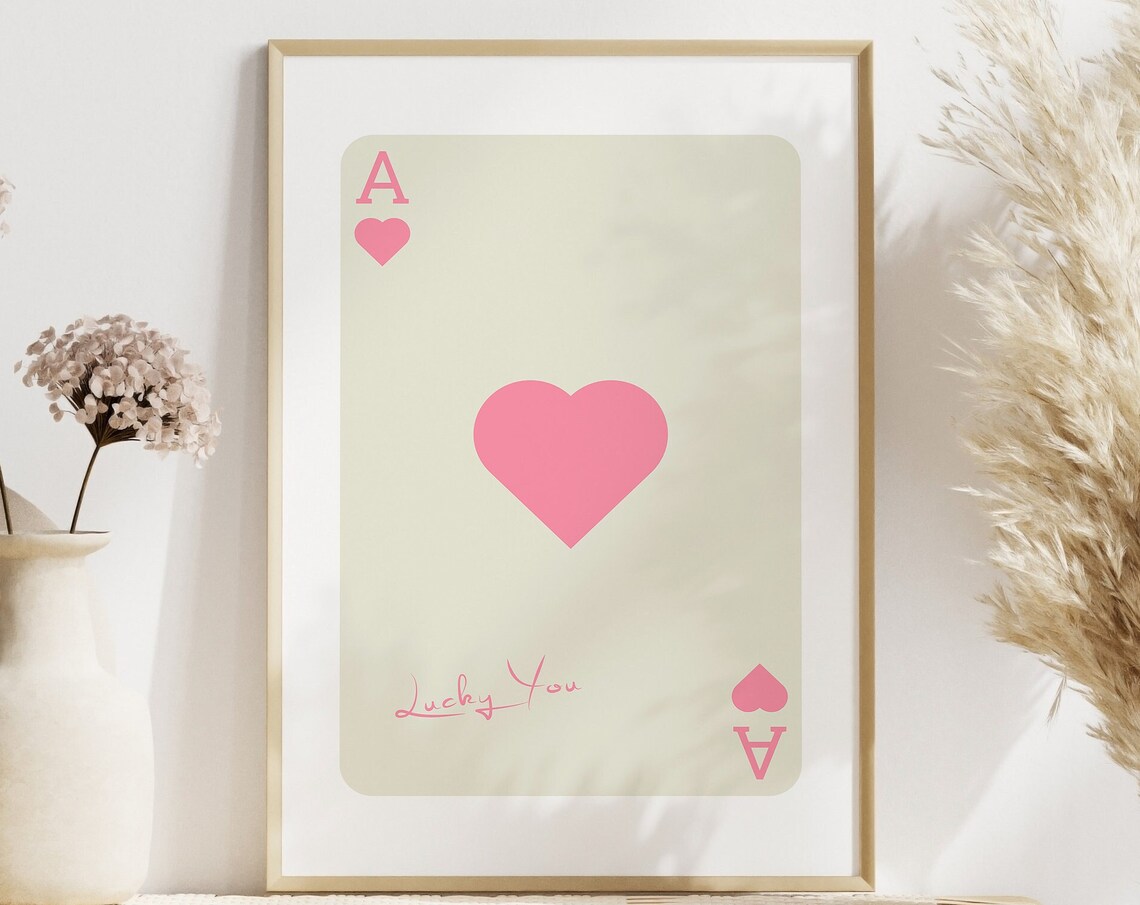 Lucky You Cute Pink Ace Of Hearts Card Retro Dorm Decor Poster