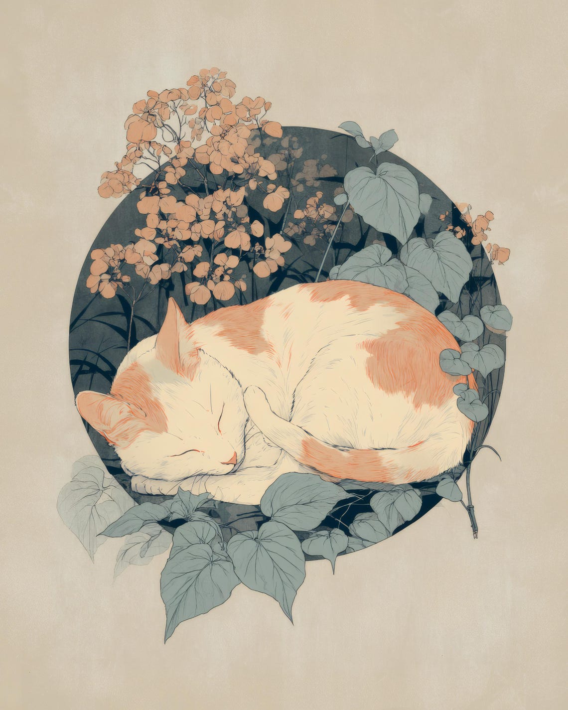 Ginger Cat Sleeping In Flower Circle Botanical Japandi Cozy Wall Art