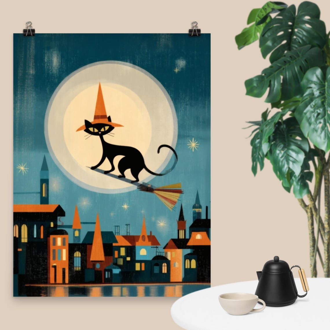 Halloween Black Cat Witch Broomstick Ride Full Moon Spooky Print