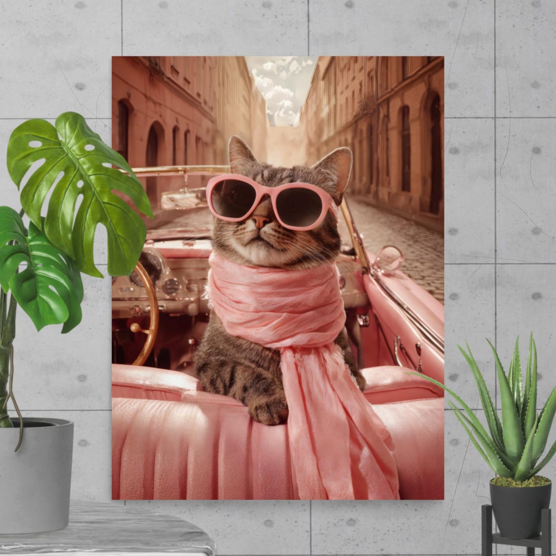 Glamorous Retro Cat in Pink Convertible Vintage Road Trip Poster
