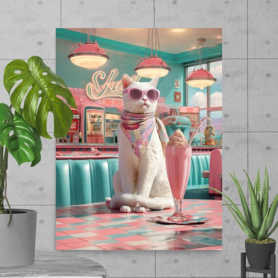 Retro Diner Cat With Pink Sunglasses And Strawberry Milkshake Poster