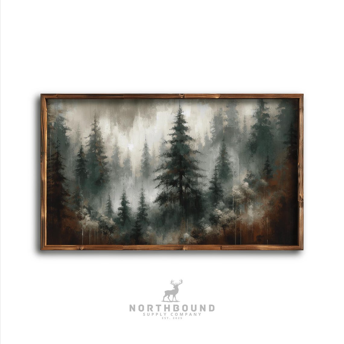Foggy Pine Forest Art Print Impressionistic Acrylic Painting Rustic Landscape Moody Misty Forest Scene Northern Nature Wall Art