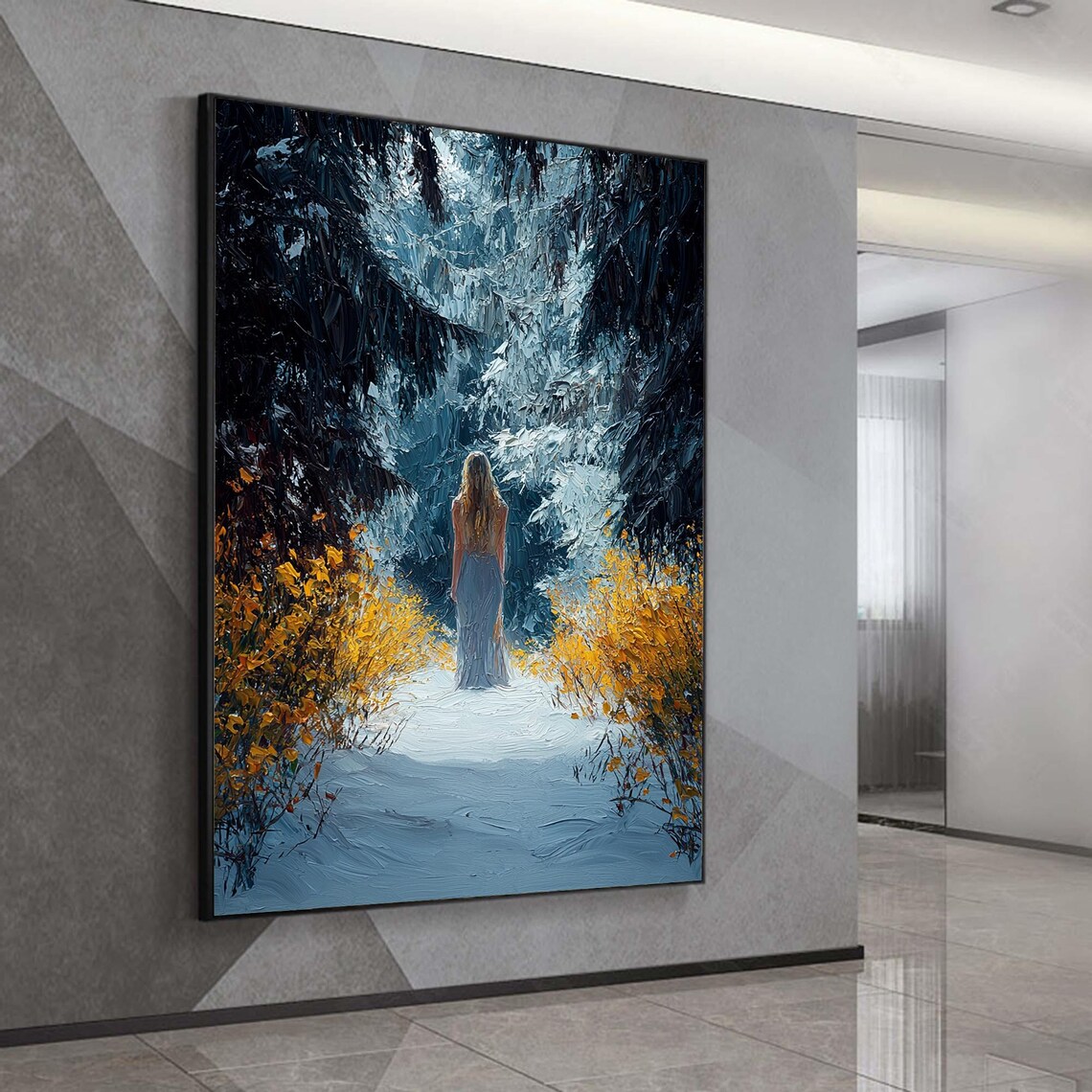 Woman In Snowy Forest Path Impasto Oil Painting Winter Landscape With Yellow Flowers Wall Art Figure In Woods Art Large Wall Art - Image 5