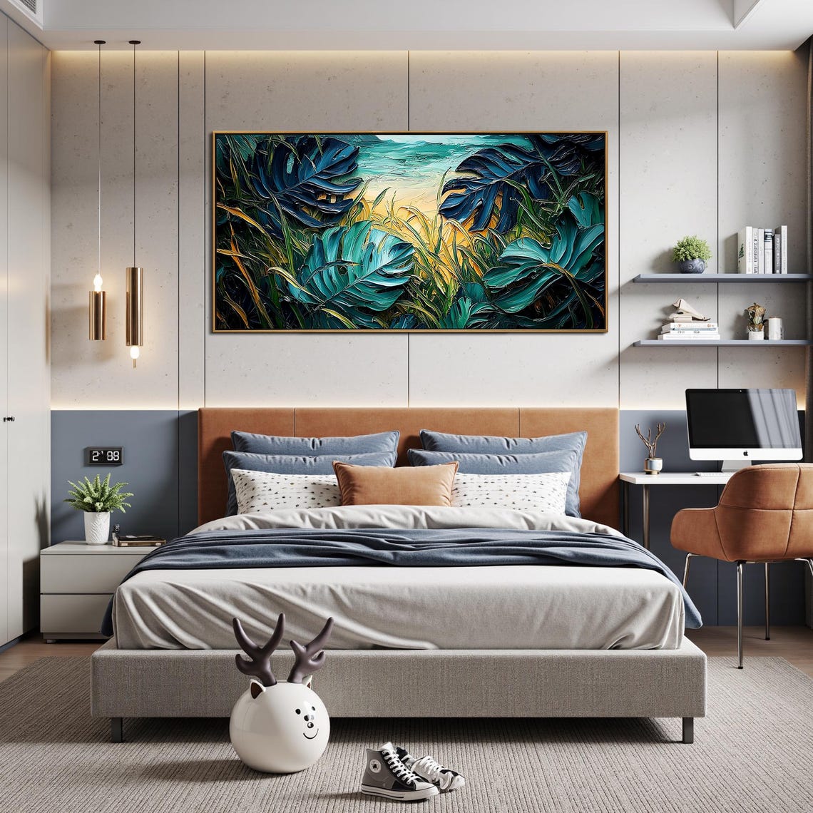 Tropical Monstera Leaf Beach Ocean View Impasto Textured Art Poster - Image 2