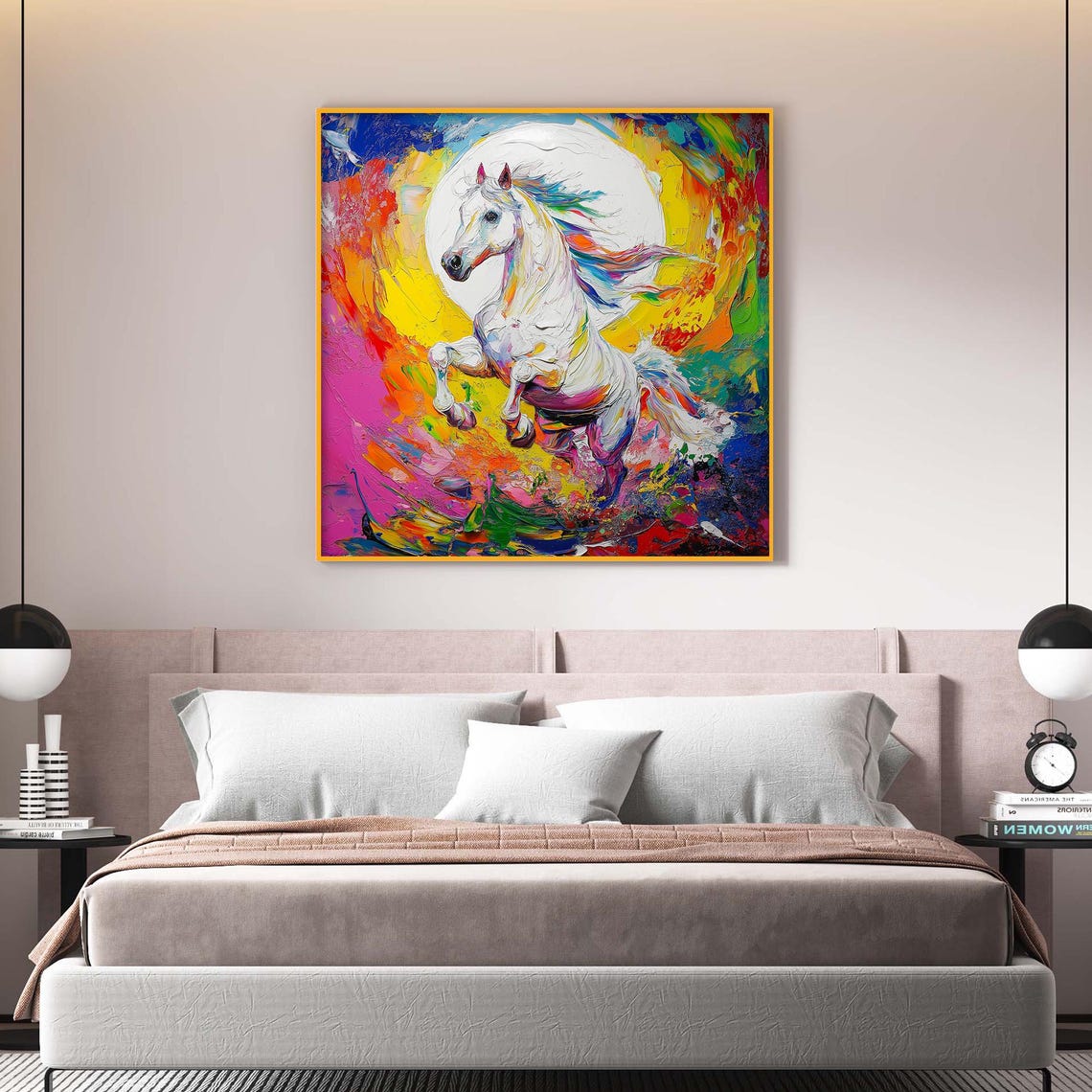 White Horse Rainbow Burst Moon Impasto Abstract Animal Art Poster - Image 5