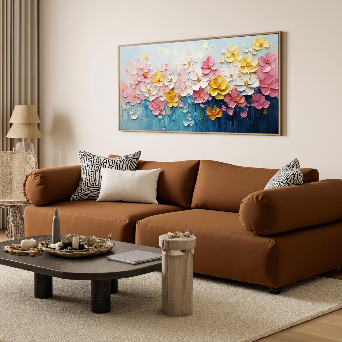 Pastel Pink Yellow Flowers Blue Background Impasto Floral Art Poster - Image 5