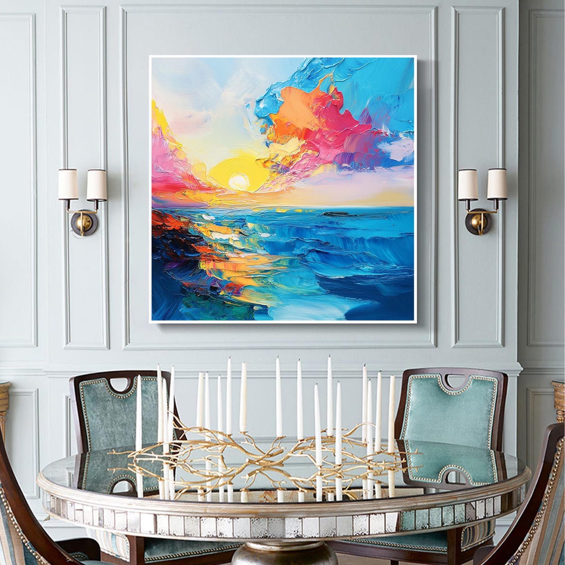 Ocean Sunrise Pink Clouds Blue Sea Impasto Colorful Seascape Poster - Image 4