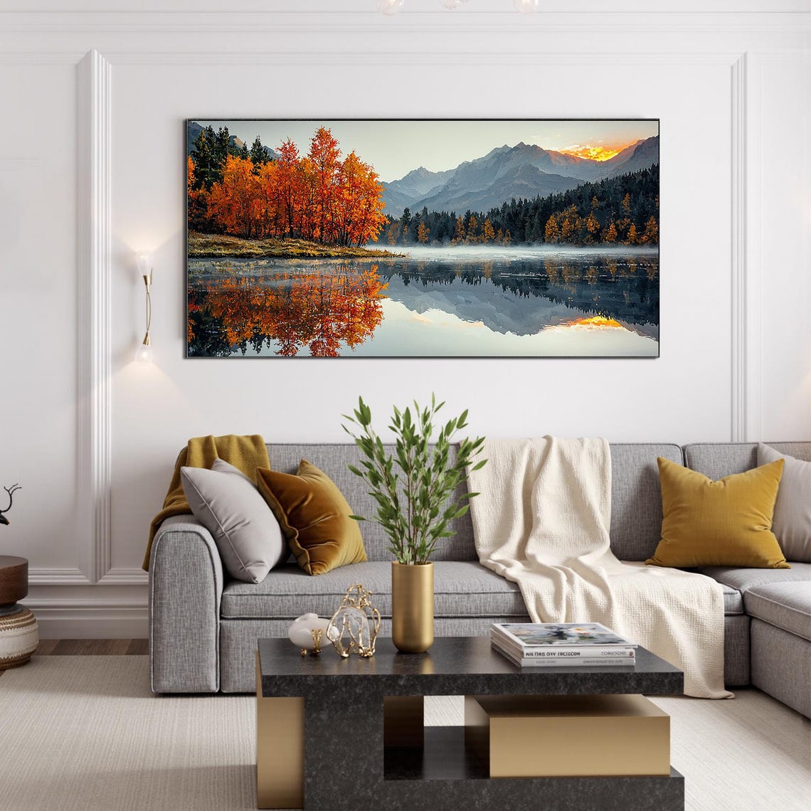 Autumn Mountain Lake Reflection Orange Trees Sunrise Art Poster - Image 2