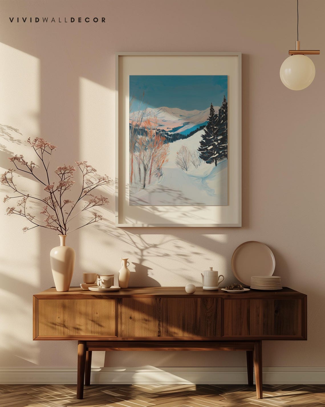 Serene Snowy Mountain Landscape with Birch Trees Calm Art Poster - Image 4